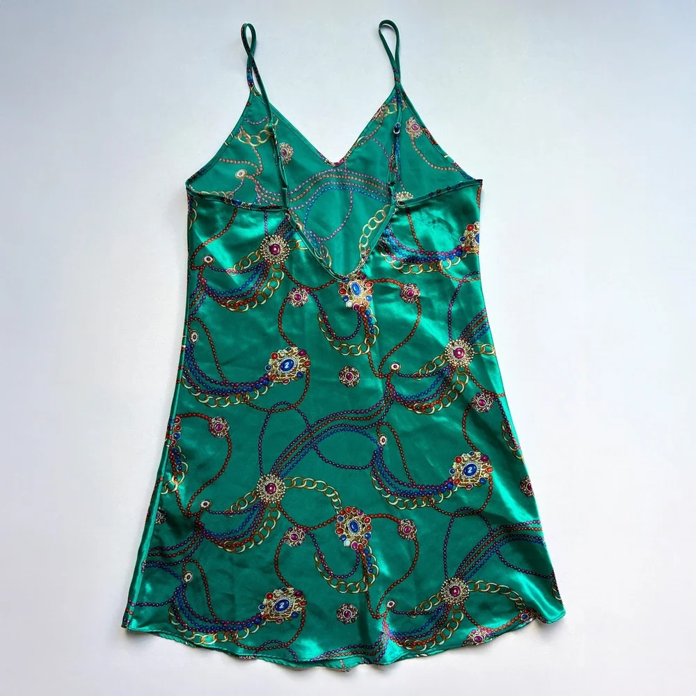 Vintage Opulence Emerald Green Chain Design Satin Slip Dress
